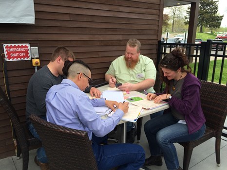 Four people sitting around a table working on an audit trail.